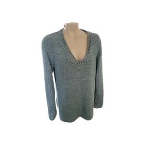 CHICOS 3 (XL) Green stretchy Long Sleeve Top Sweater Pullover Crochet Tight Knit